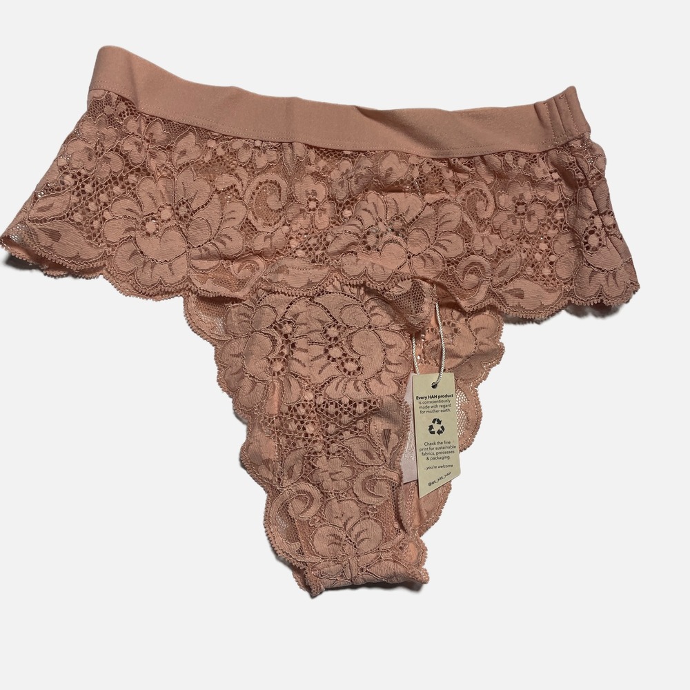 We are HAH‎ tan Floral Lace Thong Panty Womens Small NWT Sustainable Lingerie